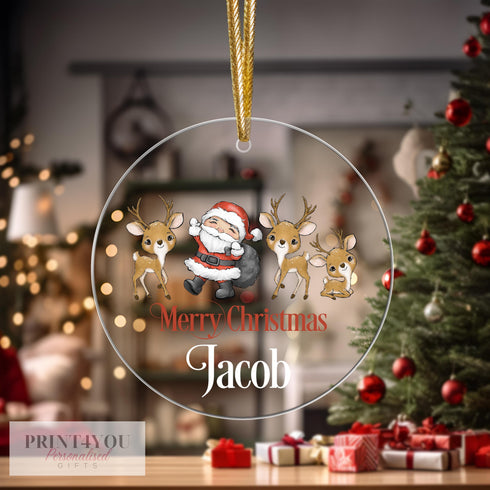 Personalised Christmas Tree Decoration, Santa and Reindeers, Christmas Bauble, UV Printed Acrylic