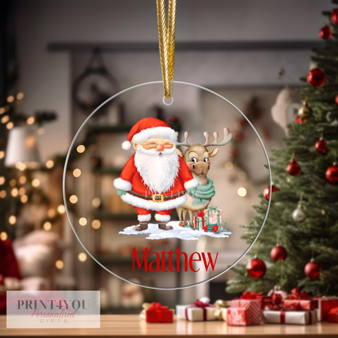 Personalised Christmas Tree Decoration, Santa and Reindeer, Christmas Bauble, UV Printed Acrylic