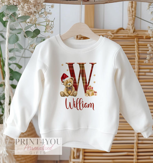 Personalised Christmas Jumper For Children. White Cotton Sweatshirt - tartan Teddy bear Alphabet