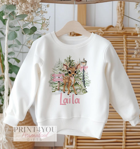 Personalised Christmas Jumper For Children. White Cotton Sweatshirt - Cute Pink Reindeer
