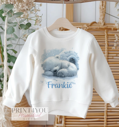 Personalised Kids Christmas Jumper - White Cotton Sweatshirt with Fluffy Polar Bear Design