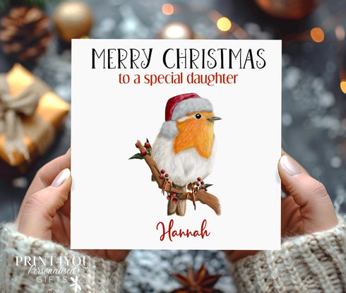 Personalised Christmas Card, Festive Robin, Card for Daughter, Sister, Niece, Nephew, Granddaughter, Son, Cousin, Brother, Nephew, Grandson