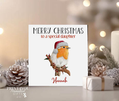 Personalised Christmas Card, Festive Robin, Card for Daughter, Sister, Niece, Nephew, Granddaughter, Son, Cousin, Brother, Nephew, Grandson