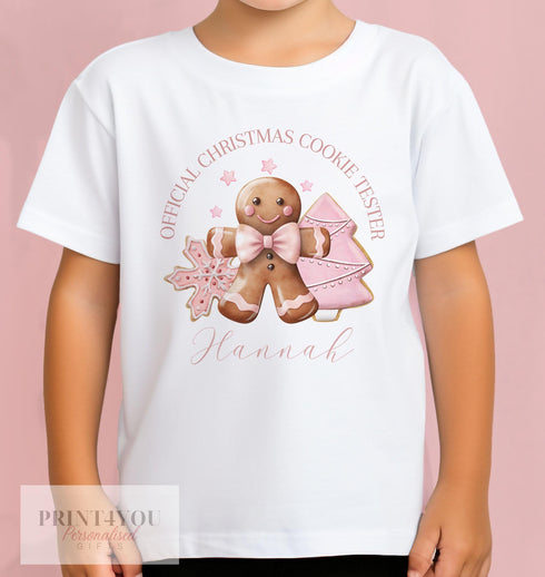 Personalised Children's Christmas T-Shirt - Official Cookie Tester Gingerbread Man, Blue Pink or Brown
