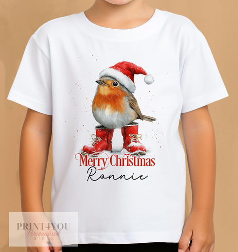 Personalised Children's Christmas T-Shirt - Christmas Robin wearing a Santa hat & Boots, Gift for Children, Xmas Gifts, Xmas Eve Box Filler