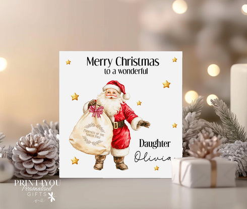 Personalised Christmas Card, Santa and Sack, Card for Daughter, Sister, Niece, Nephew, Grandaughter, Son, Cousin, Brother, Nephew, Grandson
