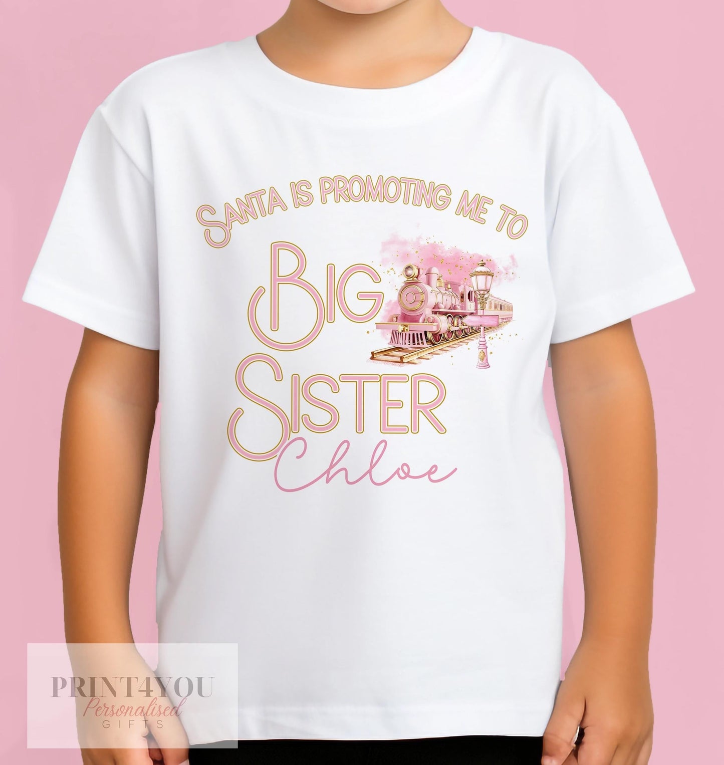 Christmas Promoted to Big Sister, Pregnancy Announcement Personalised Cotton T – Shirt, Big Sister Top, Big Sister Gift, Pink Express Train - 2-3yr T-shirt