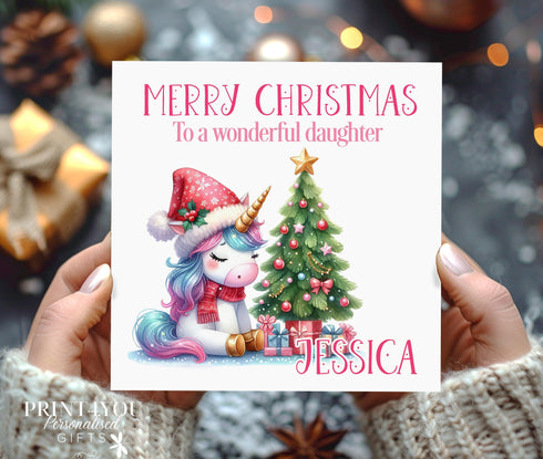 Personalised Christmas Card, Unicorn and Tree, Card for Daughter, Sister, Niece, Grandaughter, Friend