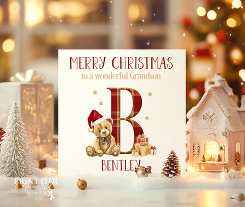 Personalised Christmas Card, Tartan Alphabet Teddy Bear, Card for Daughter, Sister, Niece, Nephew, Son, Cousin, Brother, Nephew, Grandson