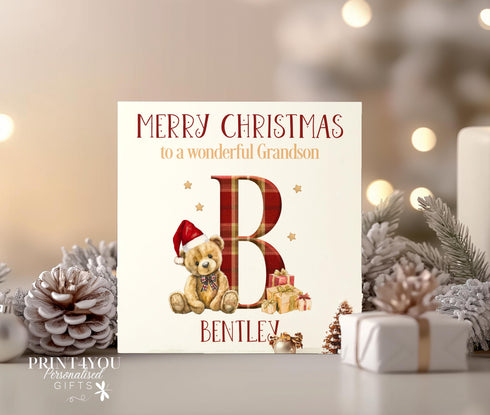 Personalised Christmas Card, Tartan Alphabet Teddy Bear, Card for Daughter, Sister, Niece, Nephew, Son, Cousin, Brother, Nephew, Grandson
