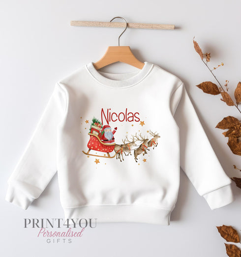 Personalised Christmas Jumper For Children. White Cotton Sweatshirt - Santas Sleigh