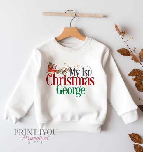 Personalised Babies First 1st Christmas Jumper. White Cotton Sweatshirt - My First Christmas Santa Sleigh