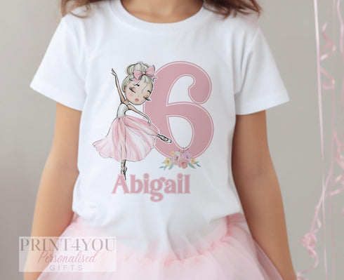 Personalised Girls Birthday T-Shirt - Ballerina Doll Design, Birthday Number - 100% Soft Cotton, DTG - Age 1-10yrs