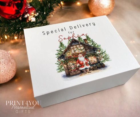 Personalised Christmas Eve box, white gift box UV printed with christmas graphics and a name