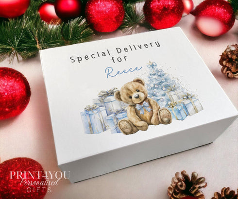 Personalised Christmas Eve Box, Magnetic Close Lid white gift box, Boys blue teddy bear Gift Box