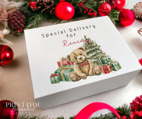 Personalised Christmas Eve Box, Red and green teddy bear Magnetic Close Lid white gift box