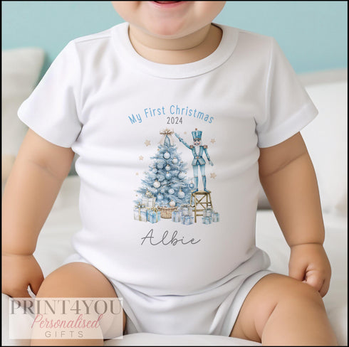 Personalised First Christmas Sleepsuit, My 1st Xmas vest, Blue Nutcracker Boys Design