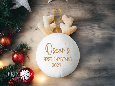 Personalised Babies First Christmas Decoration, White Plush Hanging Bauble with Gold Reindeer Antlers & Gold Hanging String