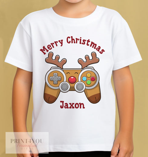 Personalised Children's Gaming Christmas T-Shirt - Xmas Controller Boys Design, Gingerbread man, Snowman, Santa, Reindeer, Elf