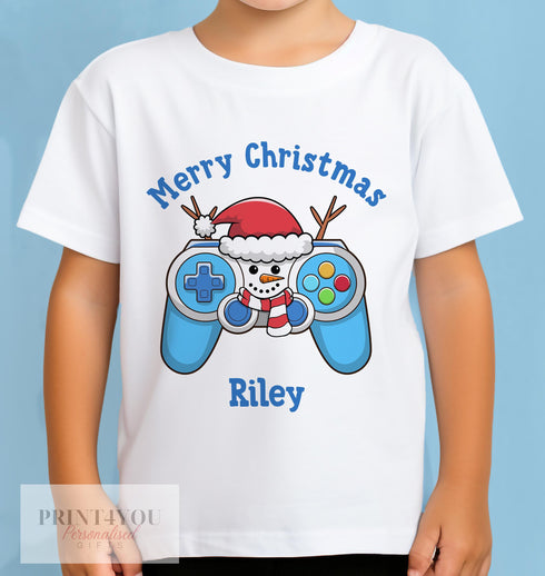 Personalised Children's Gaming Christmas T-Shirt - Xmas Controller Boys Design, Gingerbread man, Snowman, Santa, Reindeer, Elf