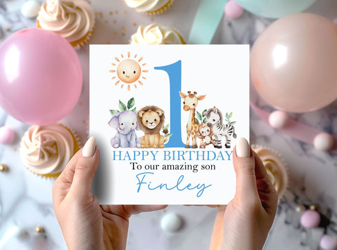 Personalised Safari 1st Birthday Card, First Birthday Card, 6x6" White Square, Card For Children, Greeting card for Son, Brother, Nephew