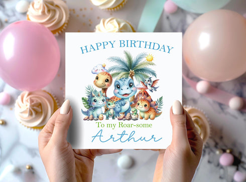 Personalised Dinosaur Birthday Card, First Birthday Card, 6x6" White Square, Card For Children, Greeting card for Son, Brother, Nephew