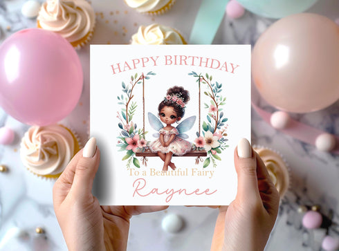Personalised Fairy Birthday Card, First Birthday Card, 6x6" White Square, Card For Children, Greeting card for Daughter, Sister, Niece