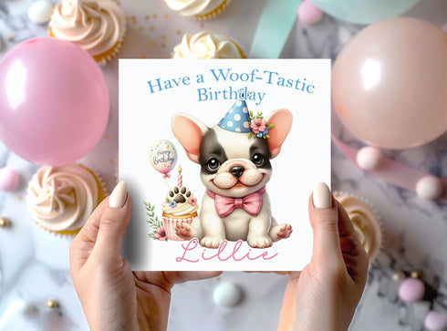 Personalised French bulldog Dog Birthday Card, First Birthday Card, 6x6" White Square, Card For Children, Greeting card for Daughter, Sister
