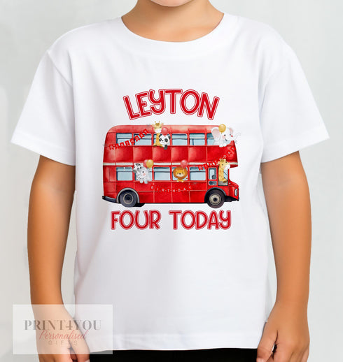 Personalised Red London Bus T-Shirt for Kids, Bus with Safari Animals, White Cotton Custom Name & Birthday Design, DTG Printed - Up to 10yrs