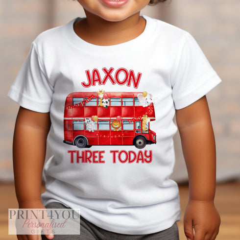 Personalised Red London Bus T-Shirt for Kids, Bus with Safari Animals, White Cotton Custom Name & Birthday Design, DTG Printed - Up to 10yrs