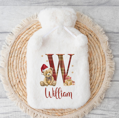Personalised Hot Water Bottle, Christmas Gift Ideas, Alphabet Letter Tartan Bear