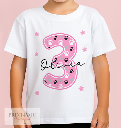 Personalised Dog Paw Number Birthday T-Shirt, Any Age, Cotton White Top, any number any age