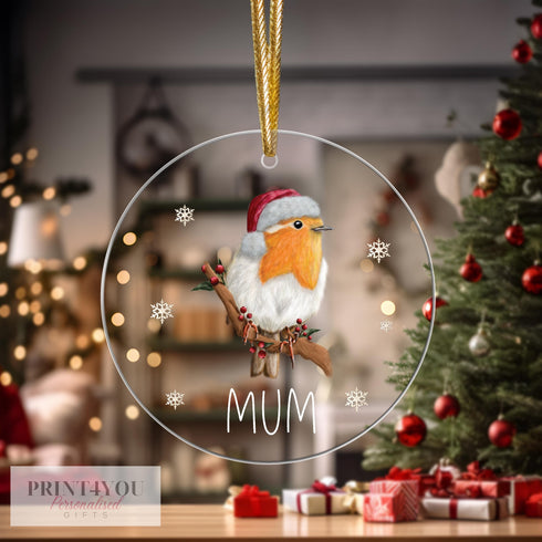 Personalised Christmas Tree Decoration, Festive Robin, Christmas Bauble, UV Printed Acrylic