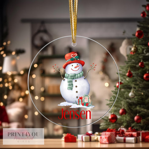 Personalised Christmas Tree Decoration, Snowman, Christmas Bauble, UV Printed Acrylic