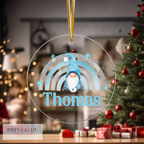Personalised Christmas Tree Decoration, Blue Xmas Gnome Rainbow, Christmas Bauble, UV Printed Acrylic