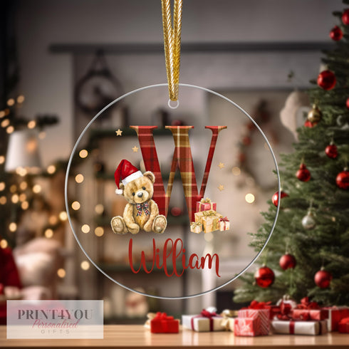 Personalised Christmas Tree Decoration, Tartan Teddy Bear, Christmas Bauble, UV Printed Acrylic