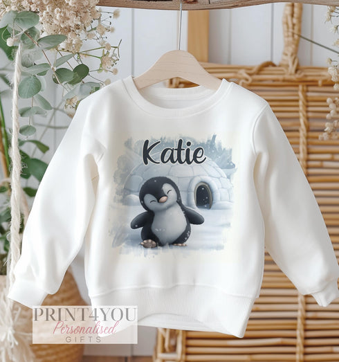 Personalised Christmas Jumper For Children. White Cotton Sweatshirt - Cute Fluffy Penguin