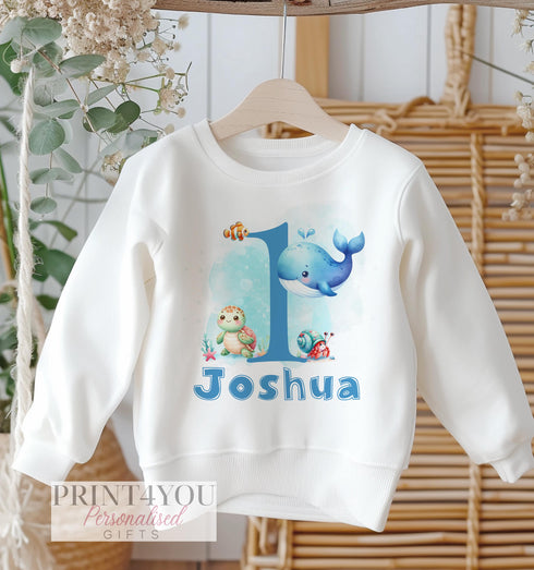 Personalised First Birthday Jumper, Birthday Sweatshirt for Children, I am One, Under the Sea Fish theme, Boys Blue Design