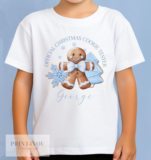 Personalised Children's Christmas T-Shirt - Official Cookie Tester Gingerbread Man, Blue Pink or Brown