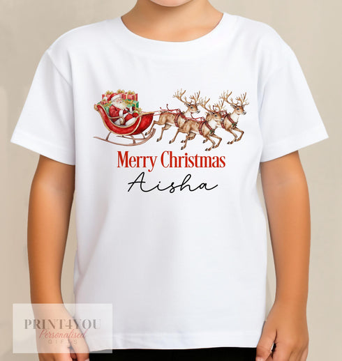 Personalised Children's Christmas T-Shirt - Santa Flying his Sleigh and name, Gift for Children, Xmas Gifts, Xmas Eve Box Filler