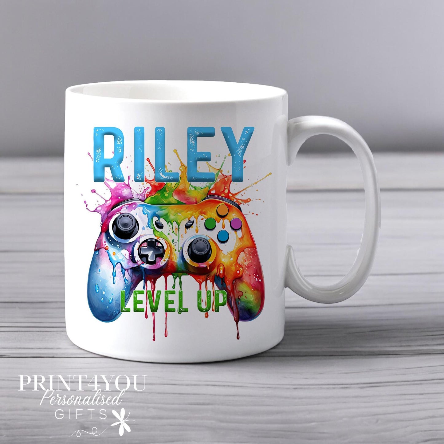 Personalised gaming controller mug shown from the side, displaying the glossy ceramic finish