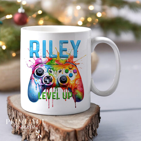 Colourful Gaming Gamer Controller Personalised White Mug, Splash Colour Controller Gift