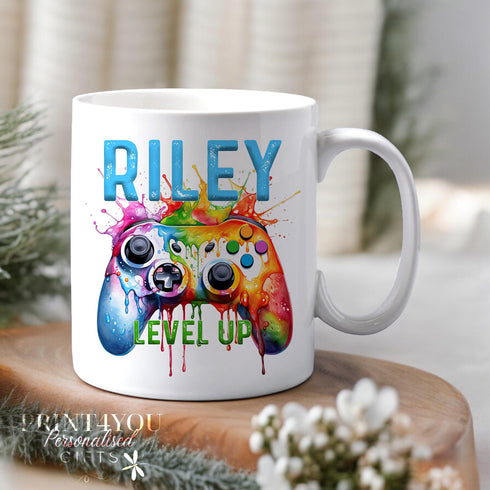Colourful Gaming Gamer Controller Personalised White Mug, Splash Colour Controller Gift