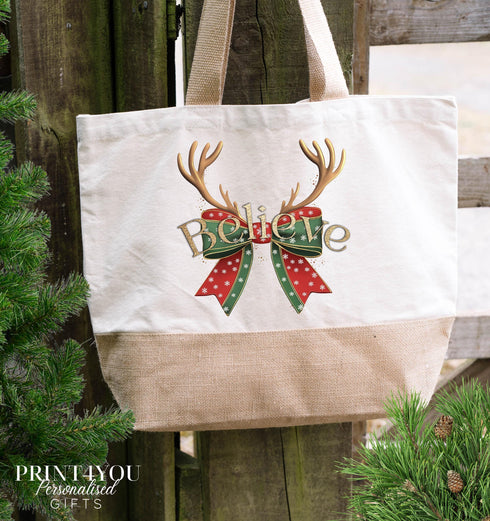 Personalised Christmas Tote Bag - Cotton Jute bag, Available in medium and XL, Reindeer Antler Bow Believe, Printer Glitter Effect