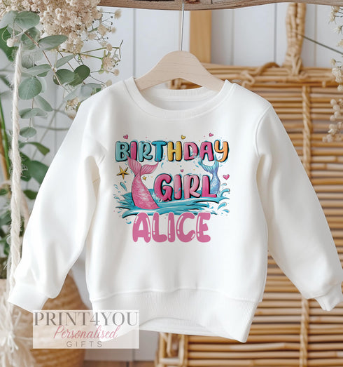 Personalised Sweatshirt Jumper For Children. White Cotton Sweatshirt - Mermaid Tail Birthday Girl