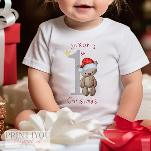 Baby's First Christmas Personalised Sleepsuit, Bib, vest or T-shirt Cotton Set - Perfect for New baby Gift, Santa teddy bear