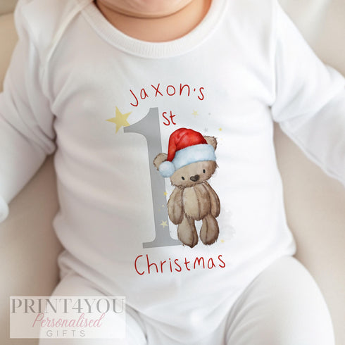 Baby's First Christmas Personalised Sleepsuit, Bib, vest or T-shirt Cotton Set - Perfect for New baby Gift, Santa teddy bear