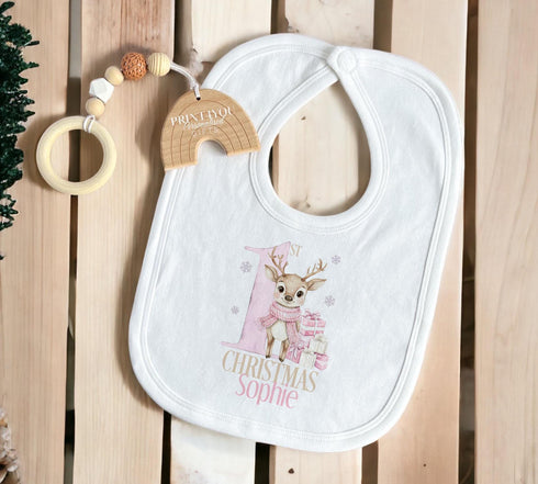 Baby's First Christmas Personalised Sleepsuit, Bib, vest or T-shirt Cotton Set - Perfect for New baby Gift, Pink Reindeer