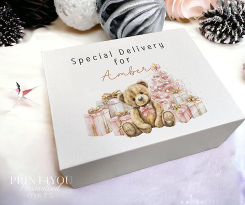 Personalised Christmas Eve Box, Girls Pink Teddy Magnetic Close Lid white gift box