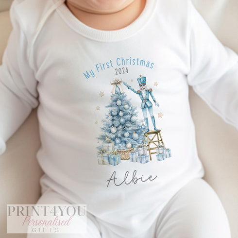 Personalised First Christmas Sleepsuit, My 1st Xmas vest, Blue Nutcracker Boys Design